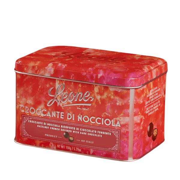 Bombom Crocante de Avelãs Coberto com Chocolate Preto em Lata Leone – 150g
