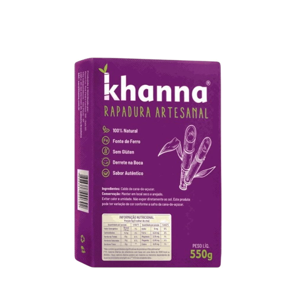 Rapadura Bloco Sem Glúten e Lactose Khanna – 550g