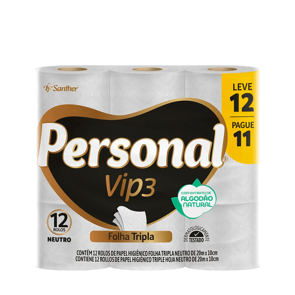 Papel Higiênico Neutro Tripla Folha Personal VIP3 - 12x20m
