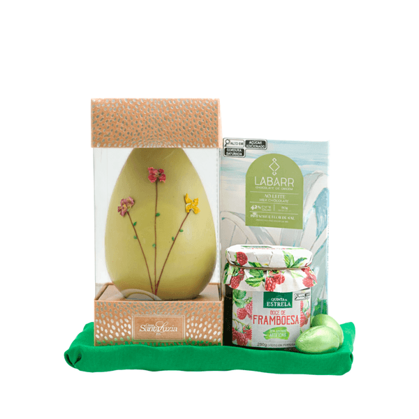 Presente de Páscoa Ovo de Chocolate Branco com Pistache e Framboesa e Chocolates - 4 itens