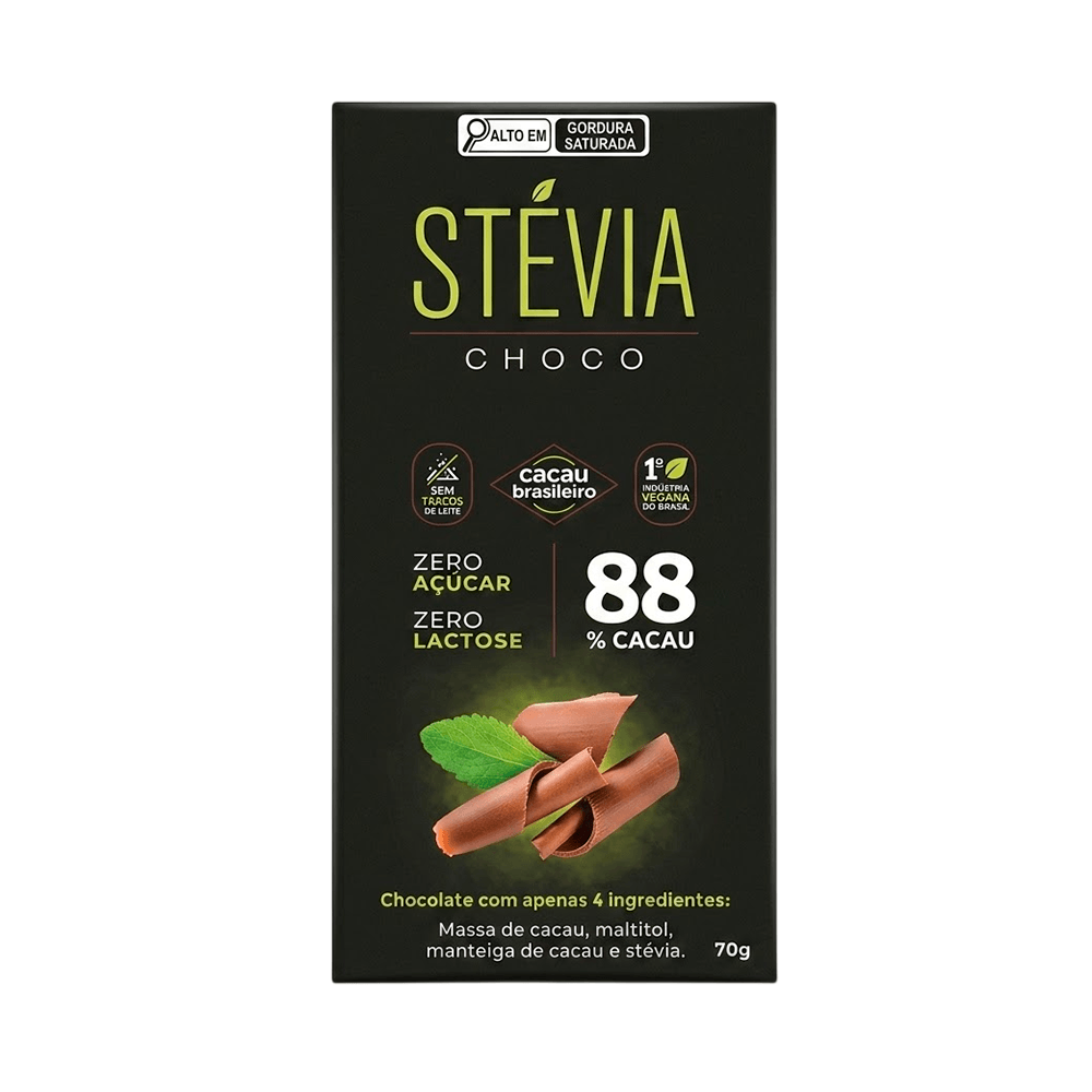 Chocolate Vegano Zero Açúcar Zero Lactose 88% Cacau Stévia Choco – 70g