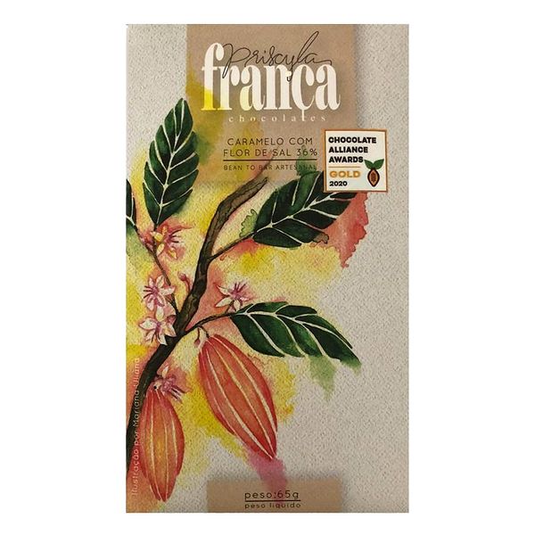 Chocolate Branco Com Caramelo e Flor de Sal 36% Sem Glúten Priscyla França 65g