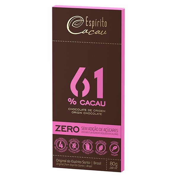 Chocolate 61% Sem Açúcar Cacau Espírito Cacau 80g
