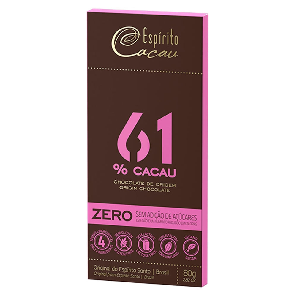 Chocolate 61% Sem Açúcar Cacau Espírito Cacau 80g