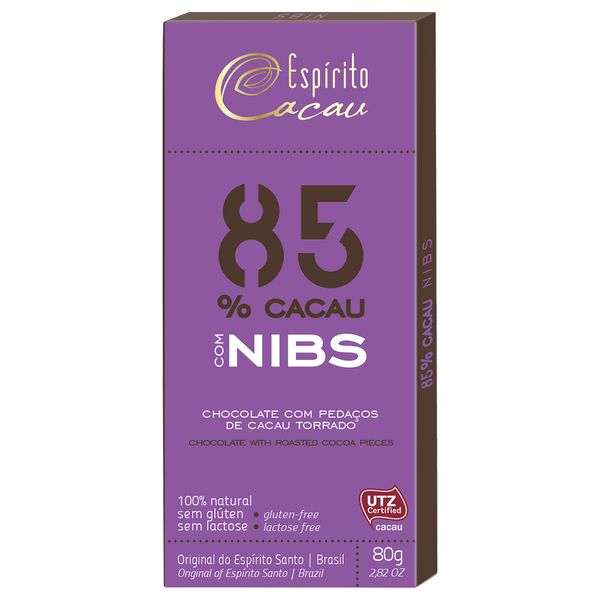 Chocolate 85% Cacau Com Nibs Espírito Cacau 80g