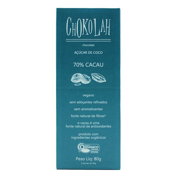 Chocolate Orgânico Com Açúcar de Coco 70% Cacau Chokolah 80g