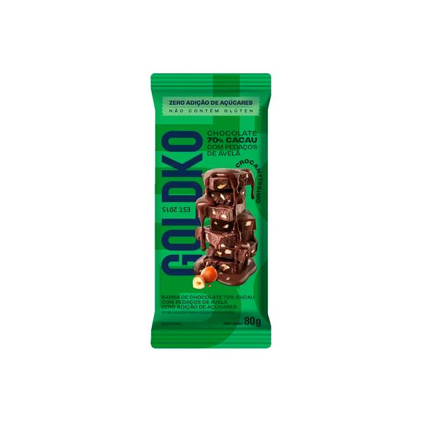 Chocolate 70% Cacau com Pedaços de Avelã Zero Adição de Açúcar GoldKo 80g