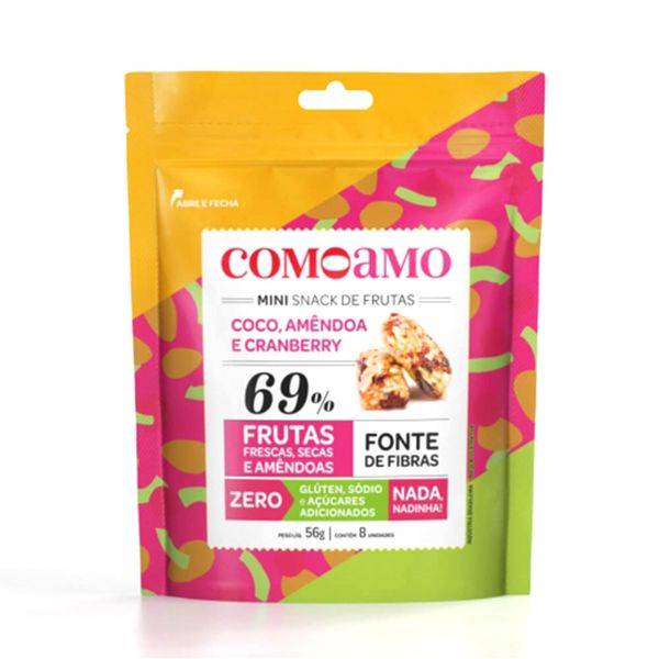 Mini Snack de Frutas Sabor Coco, Amêndoas e Cranberry Comoamo 56g