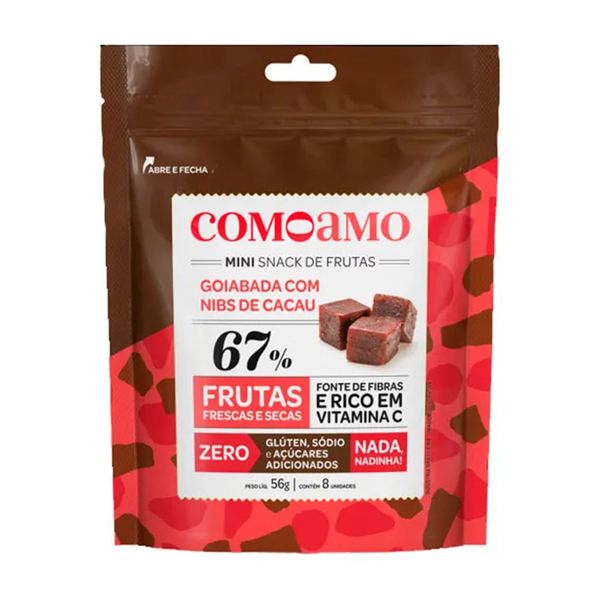 Mini Snack de Frutas Sabor Goiabada com Nibs de Cacau Comoamo 56g
