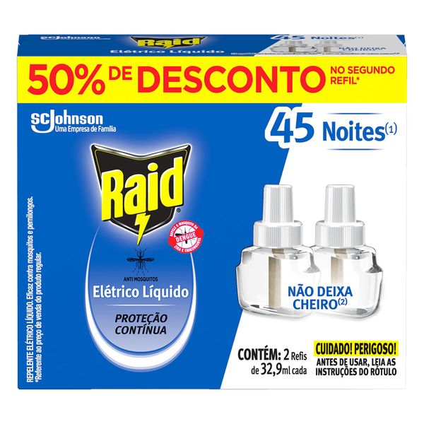 Inseticida Elétrico Líquido 45 Noites Raid 2 Unidades