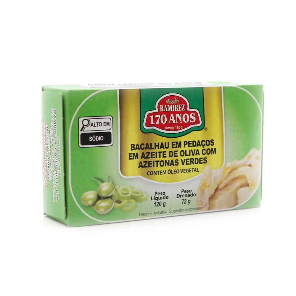 Bacalhau em Pedaços em Azeite de Oliva com Azeitonas Verdes Ramirez 120g