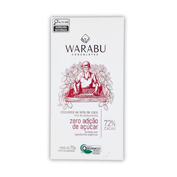 Chocolate Orgânico 72% Cacau Ao Leite De Coco Zero Açucar Warabu 70g